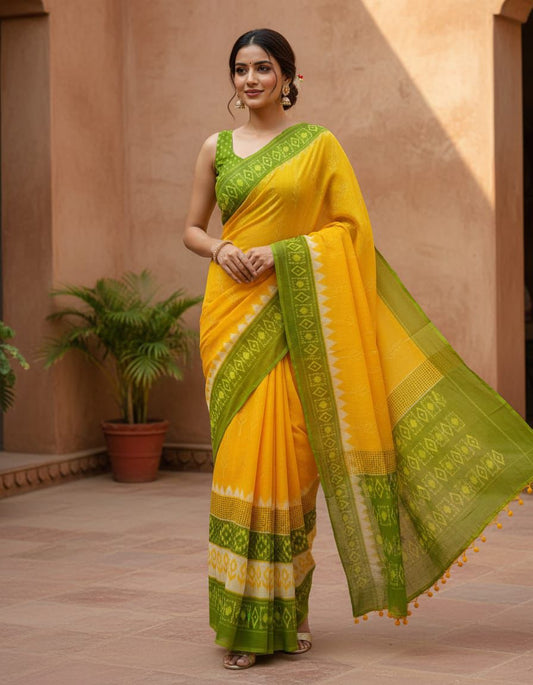Elegant Sunshine Yellow Mul Mul Cotton Saree with Olive Green Woven Border & Pum Pum Lace