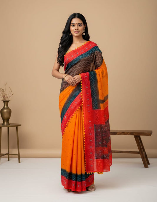 Elegant Mustard Mul Mul Cotton Saree with Black Geometric Border & Red Pallu | Pum Pum Lace
