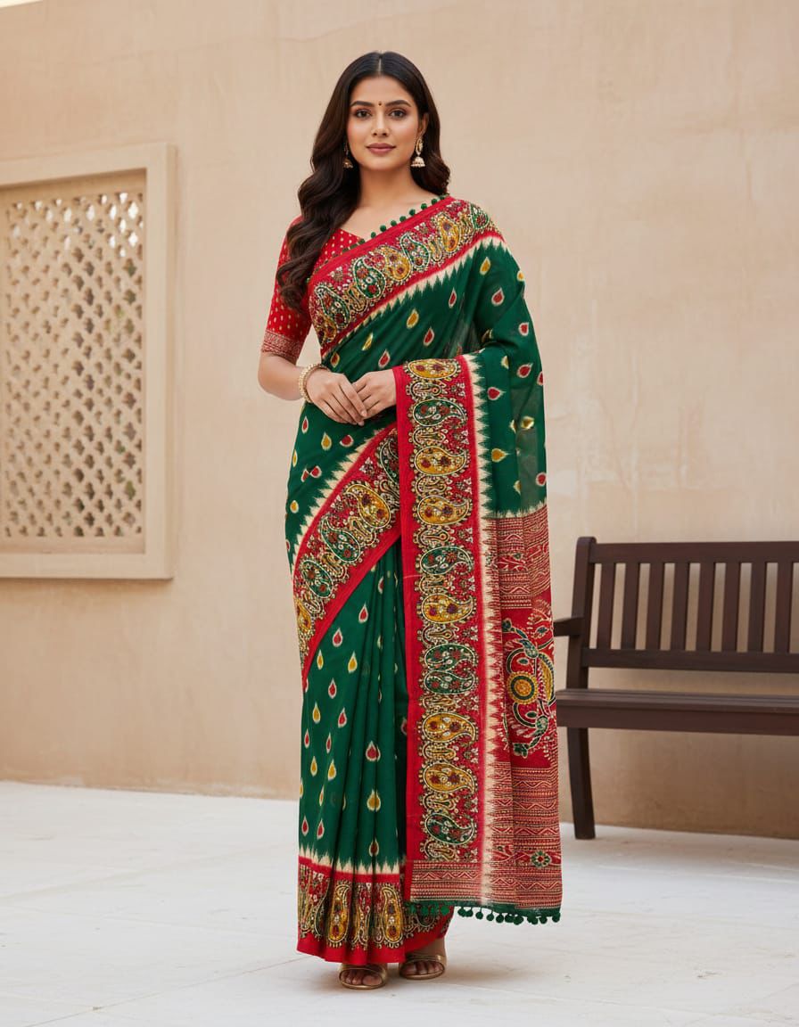 Elegant Emerald Green Mul Mul Cotton Saree with Traditional Paisley Border & Pum Pum Lace