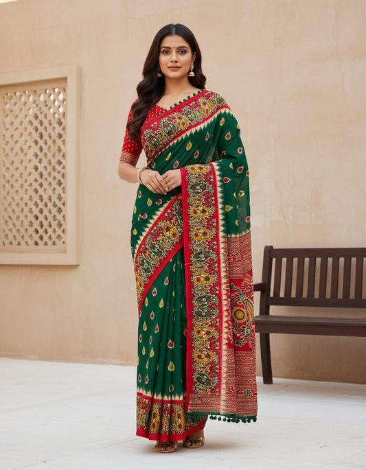 Elegant Emerald Green Mul Mul Cotton Saree with Traditional Paisley Border & Pum Pum Lace