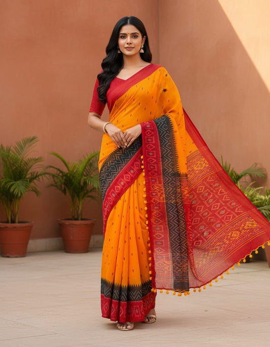 Elegant Mustard Mul Mul Cotton Saree with Traditional Woven Motifs & Black-Red Pallu | Pum Pum Lace