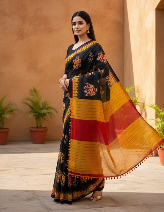 Elegant Black Mul Mul Cotton Saree with Traditional Woven Motifs & Mustard-Red Pallu | Pum Pum Lace