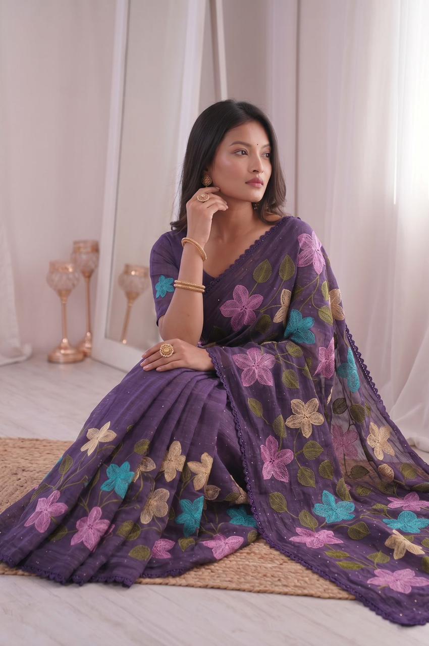Florious Purple Viscose Crunchy Silk Floral Embroidered Party Wear Saree with Swarovski Diamond Work