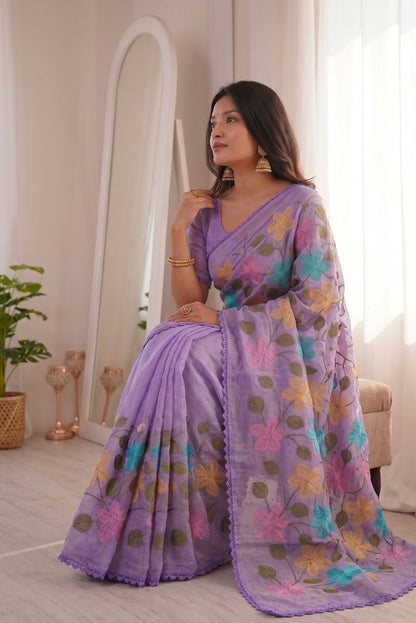 Lavender Florious Viscose Crunchy Silk Designer Saree with Floral Embroidery & Swarovski Diamond Work