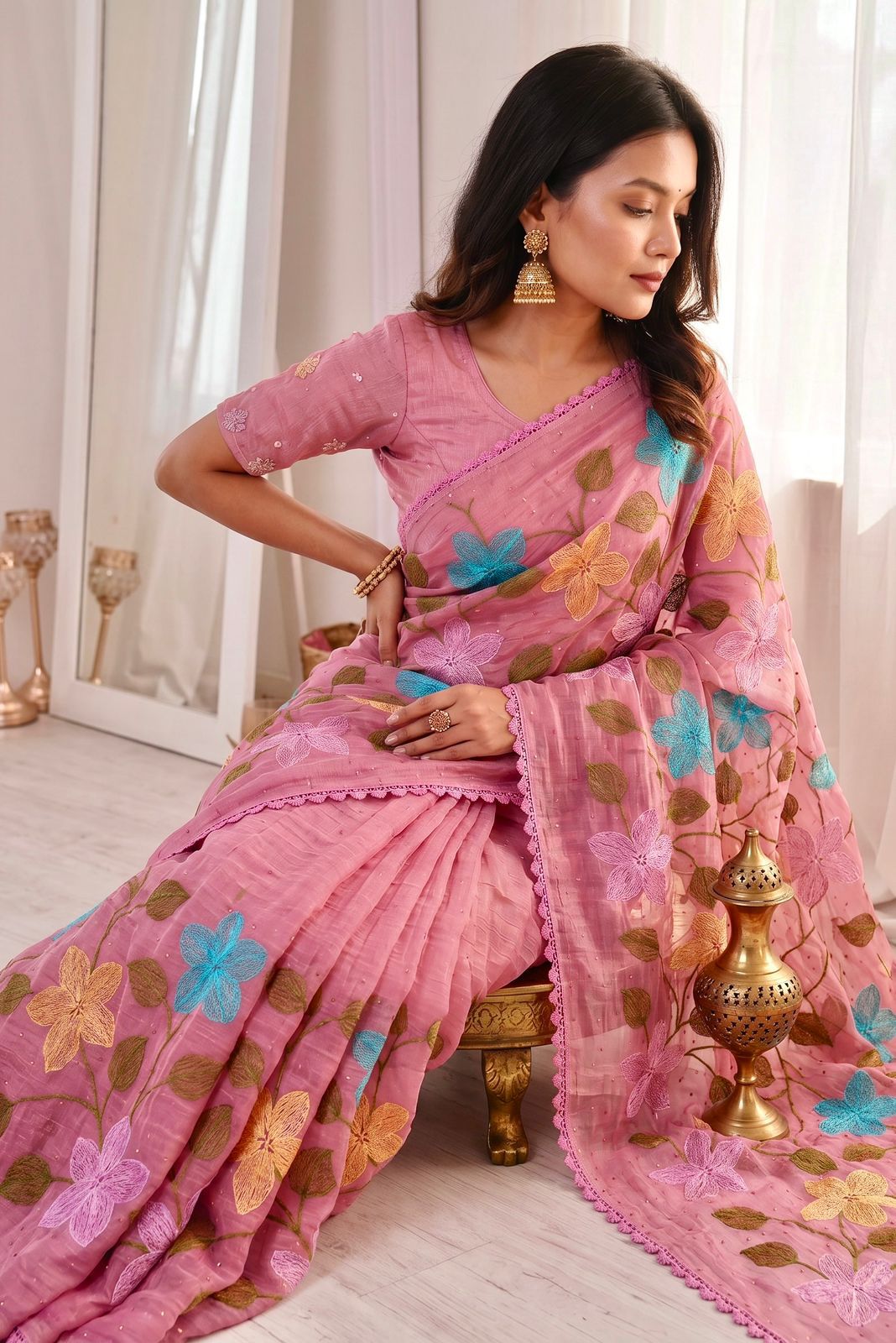 Florious Pink Viscose Crunchy Silk Floral Embroidered Designer Party Wear Saree with Swarovski Work