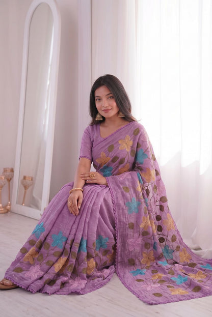 Lavender Florious Viscose Crunchy Silk Designer Saree with Floral Embroidery & Swarovski Diamond Work
