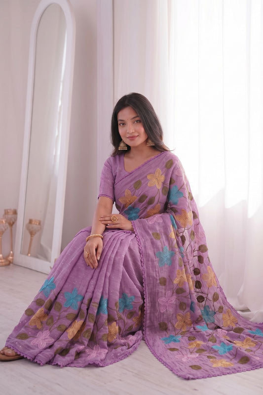 Lavender Florious Viscose Crunchy Silk Designer Saree with Floral Embroidery & Swarovski Diamond Work