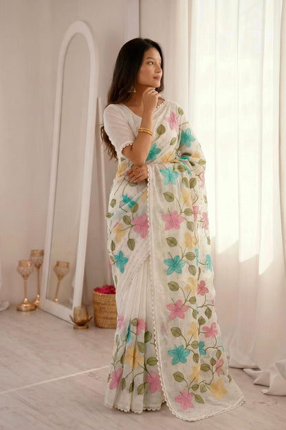 Florious White Viscose Crunchy Silk Floral Embroidered Designer Party Wear Saree with Swarovski Work