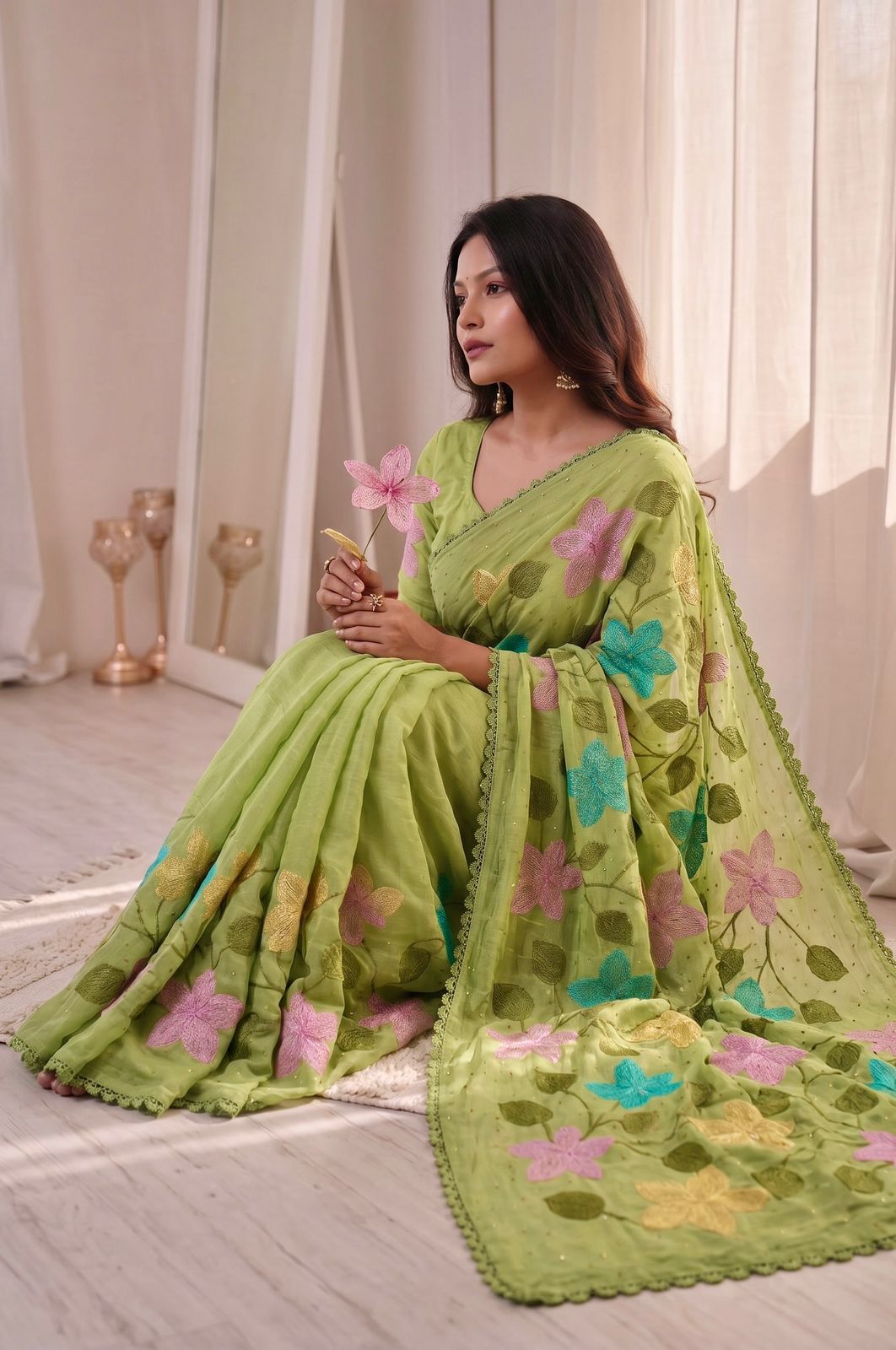 Florious Pistachio Green Viscose Crunchy Silk Floral Embroidered Designer Party Wear Saree with Swarovski Work