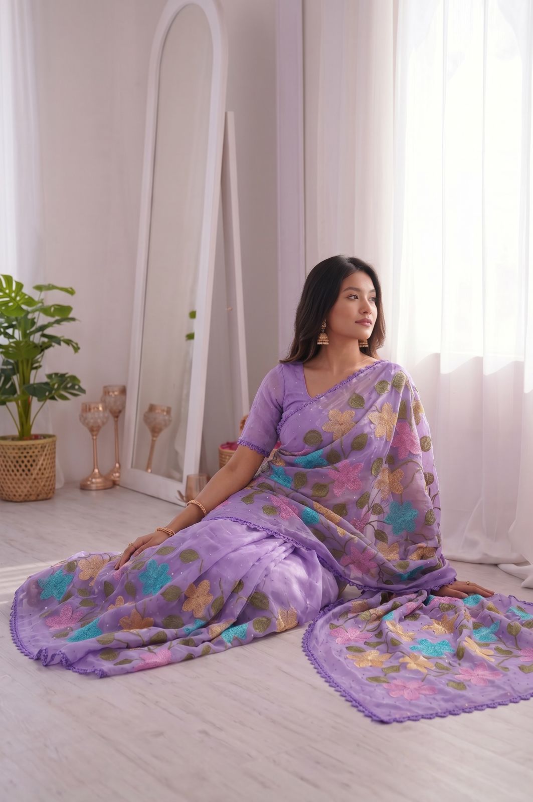 Lavender Florious Viscose Crunchy Silk Designer Saree with Floral Embroidery & Swarovski Diamond Work