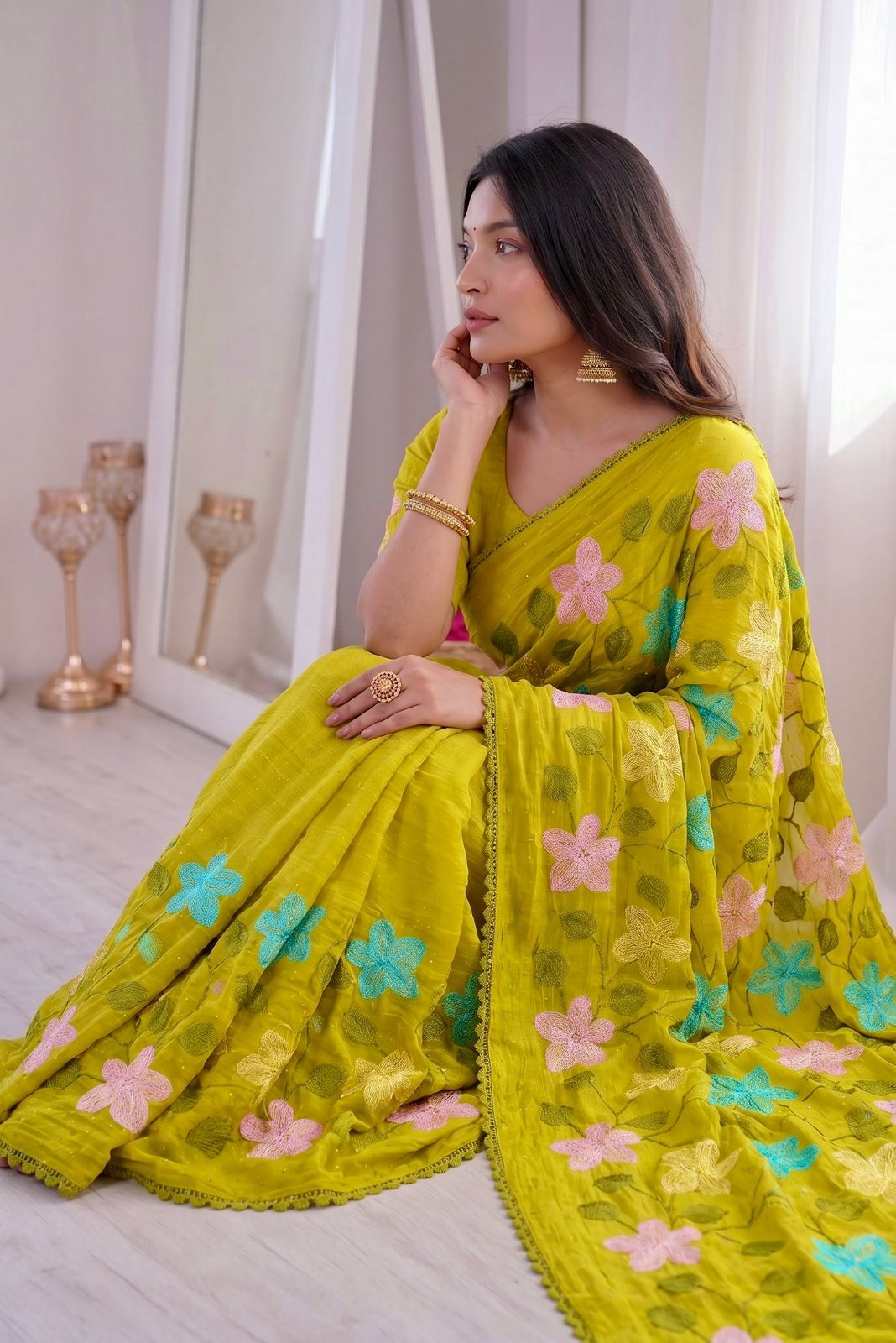 Florious Mustard Yellow Viscose Crunchy Silk Floral Embroidered Designer Party Wear Saree with Swarovski Work