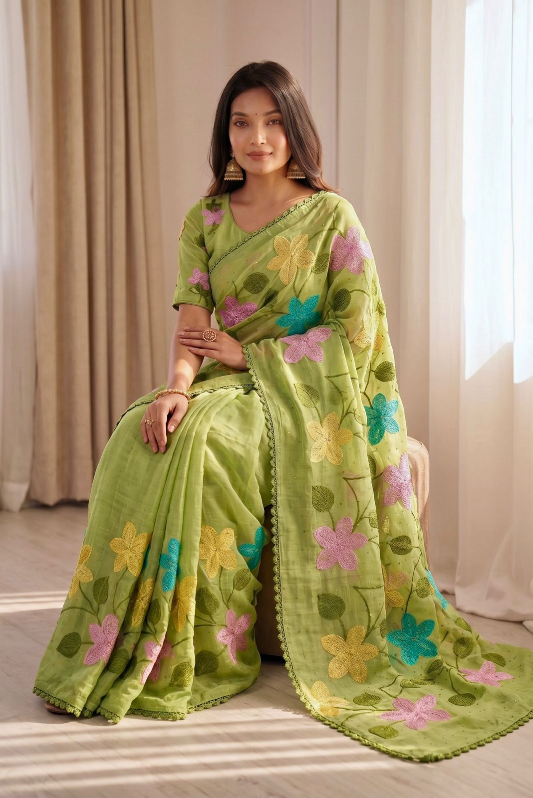 Florious Pistachio Green Viscose Crunchy Silk Floral Embroidered Designer Party Wear Saree with Swarovski Work