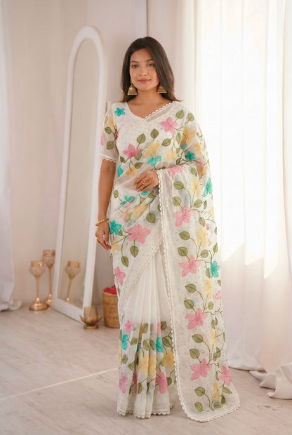 Florious White Viscose Crunchy Silk Floral Embroidered Designer Party Wear Saree with Swarovski Work