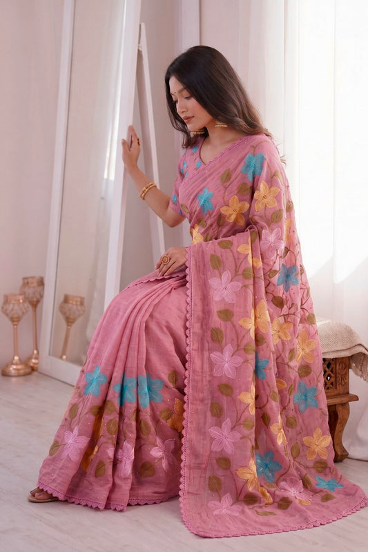 Florious Pink Viscose Crunchy Silk Floral Embroidered Designer Party Wear Saree with Swarovski Work