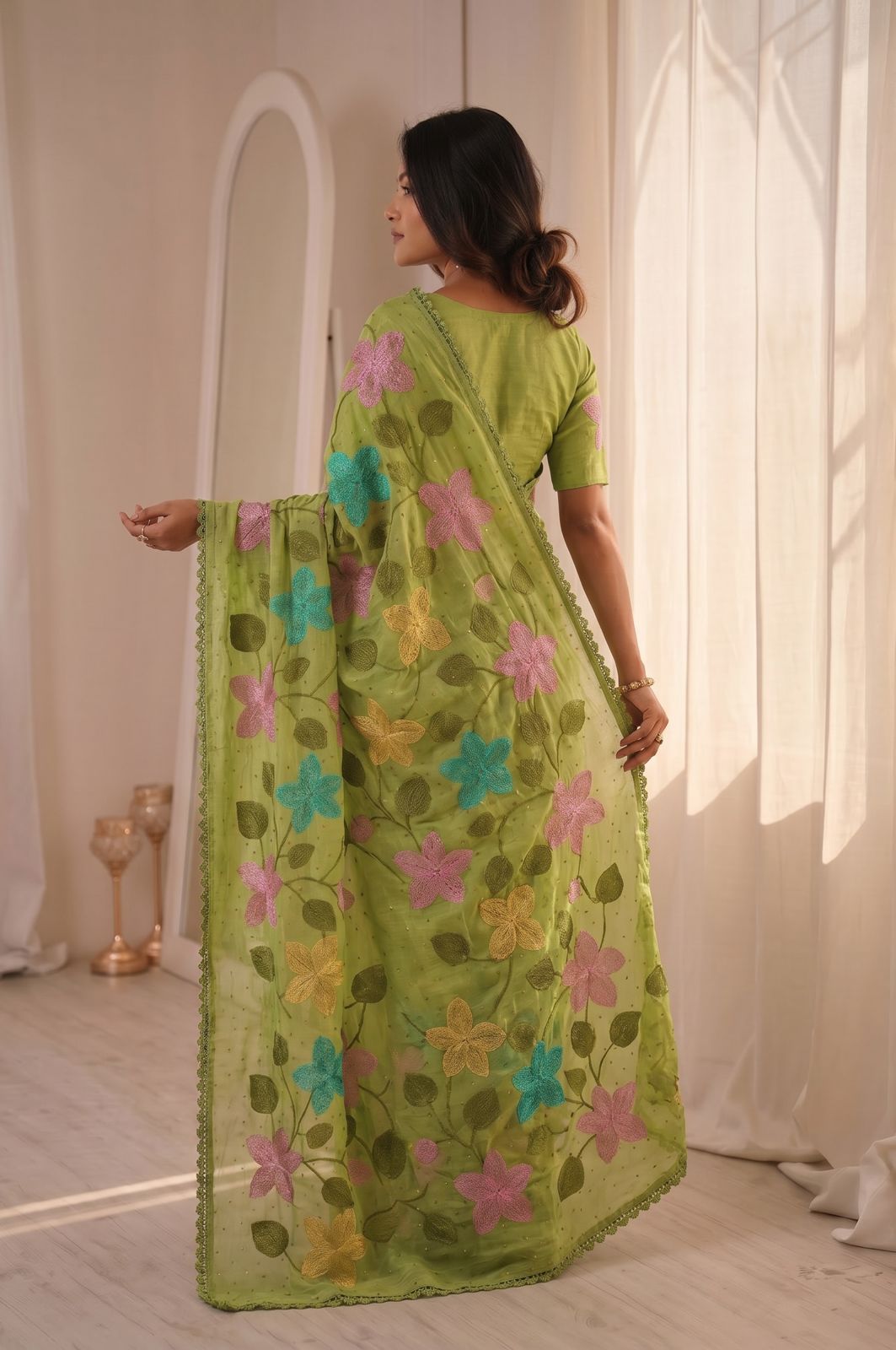 Florious Pistachio Green Viscose Crunchy Silk Floral Embroidered Designer Party Wear Saree with Swarovski Work