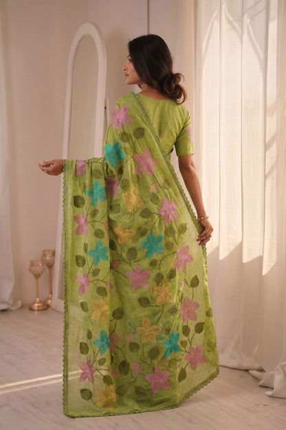 Florious Pistachio Green Viscose Crunchy Silk Floral Embroidered Designer Party Wear Saree with Swarovski Work