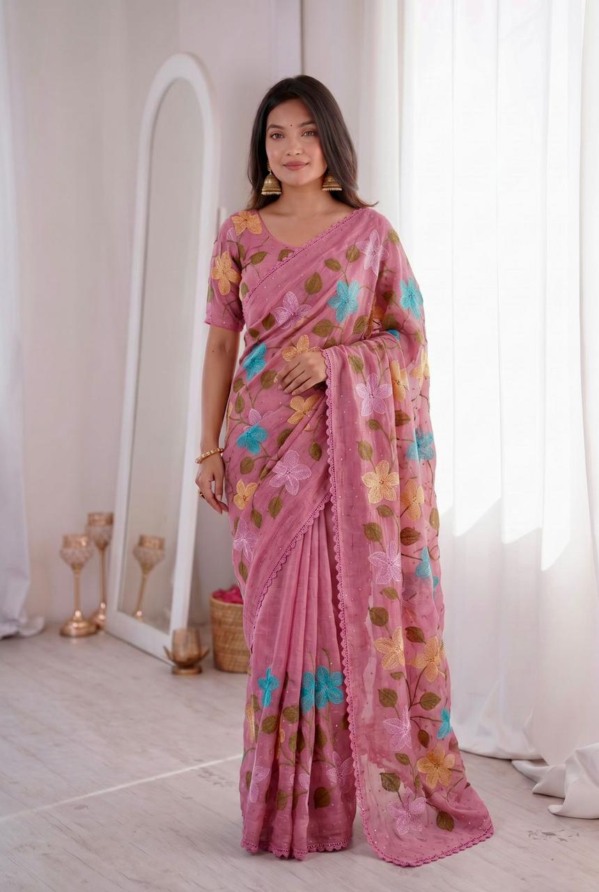Florious Pink Viscose Crunchy Silk Floral Embroidered Designer Party Wear Saree with Swarovski Work