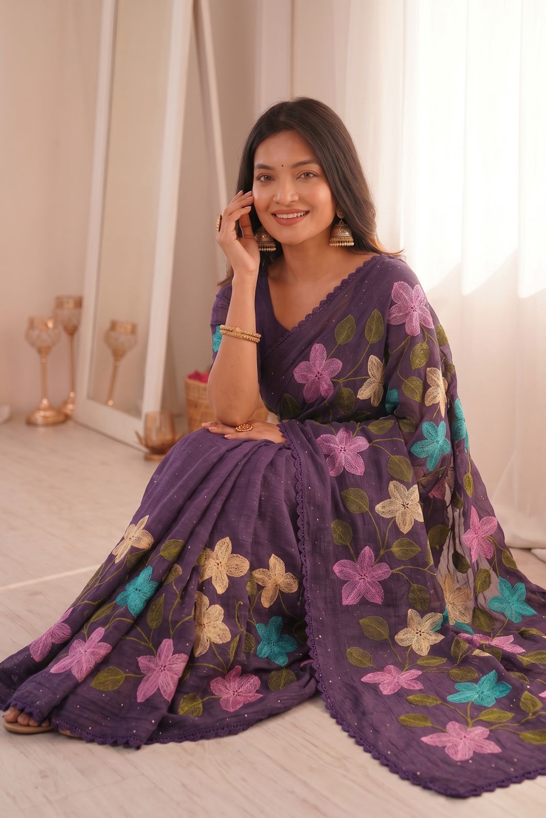 Florious Purple Viscose Crunchy Silk Floral Embroidered Party Wear Saree with Swarovski Diamond Work