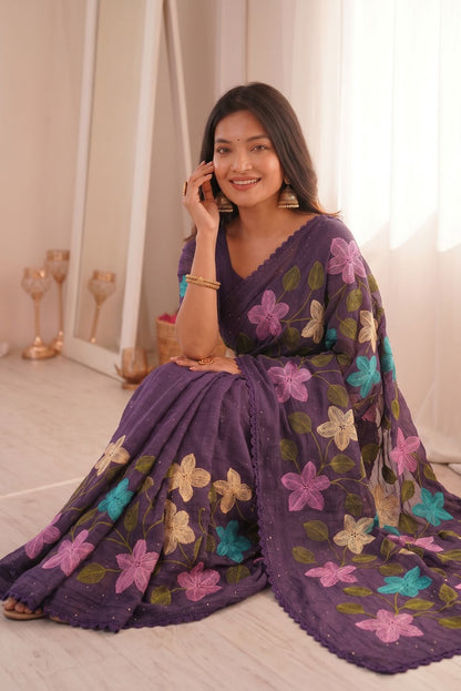 Florious Purple Viscose Crunchy Silk Floral Embroidered Party Wear Saree with Swarovski Diamond Work