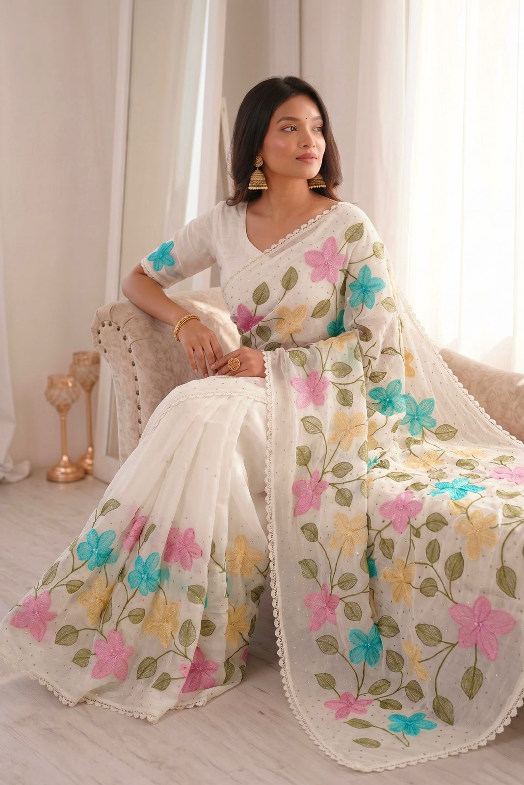 Florious White Viscose Crunchy Silk Floral Embroidered Designer Party Wear Saree with Swarovski Work