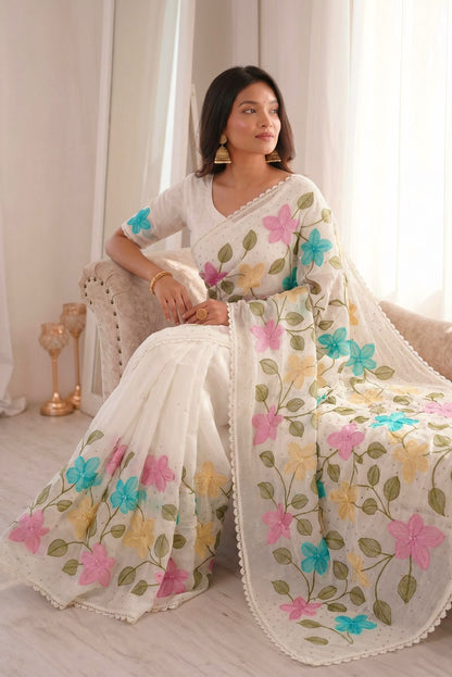 Florious White Viscose Crunchy Silk Floral Embroidered Designer Party Wear Saree with Swarovski Work