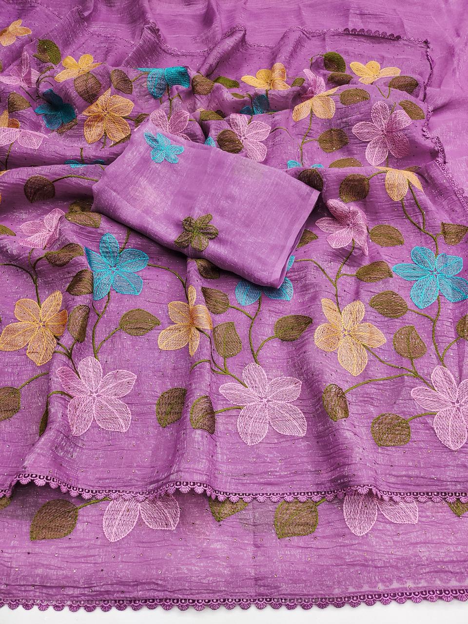 Florious Lavender Viscose Crunchy Silk Floral Embroidered Designer Party Wear Saree with Swarovski Work