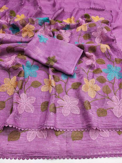 Florious Lavender Viscose Crunchy Silk Floral Embroidered Designer Party Wear Saree with Swarovski Work