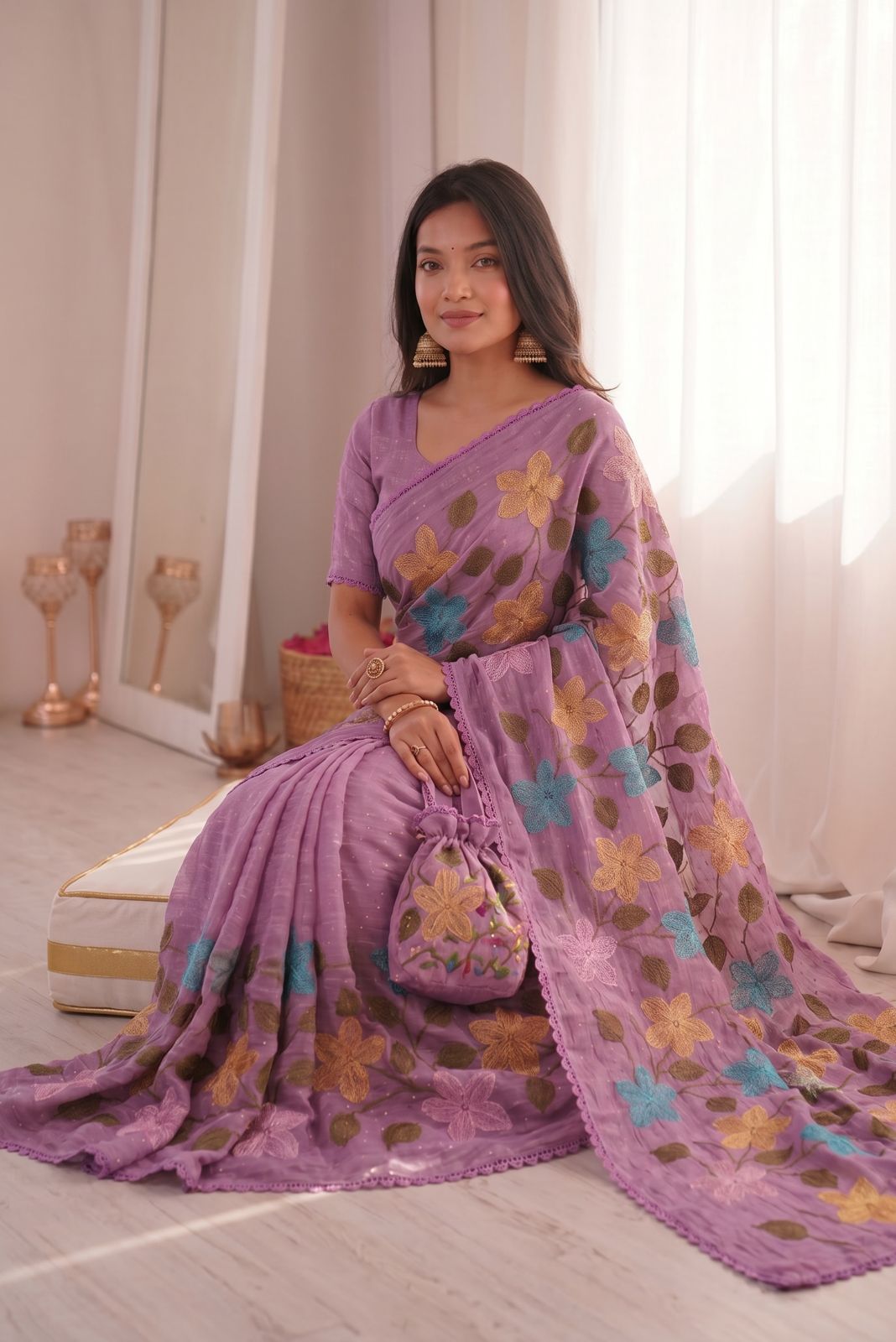 Florious Lavender Viscose Crunchy Silk Floral Embroidered Designer Party Wear Saree with Swarovski Work