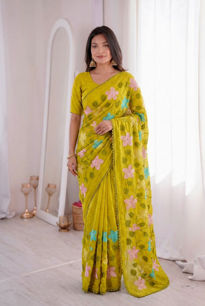 Florious Mustard Yellow Viscose Crunchy Silk Floral Embroidered Designer Party Wear Saree with Swarovski Work