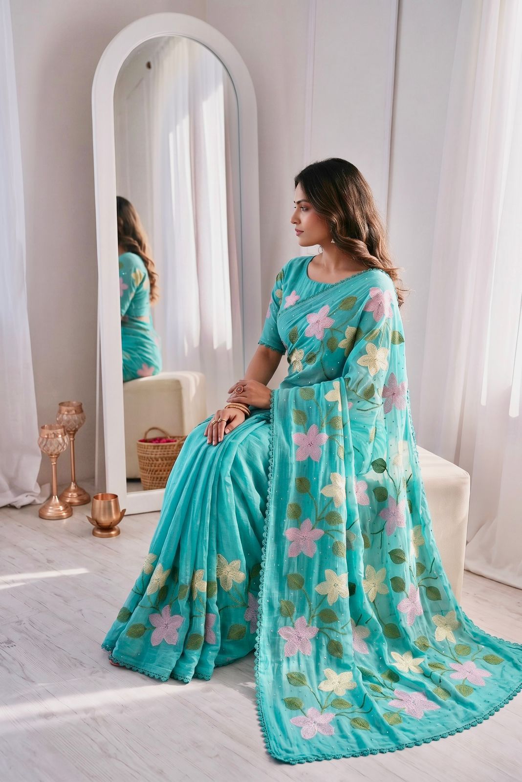 Florious Aqua Blue Viscose Crunchy Silk Floral Embroidered Designer Party Wear Saree with Swarovski Work