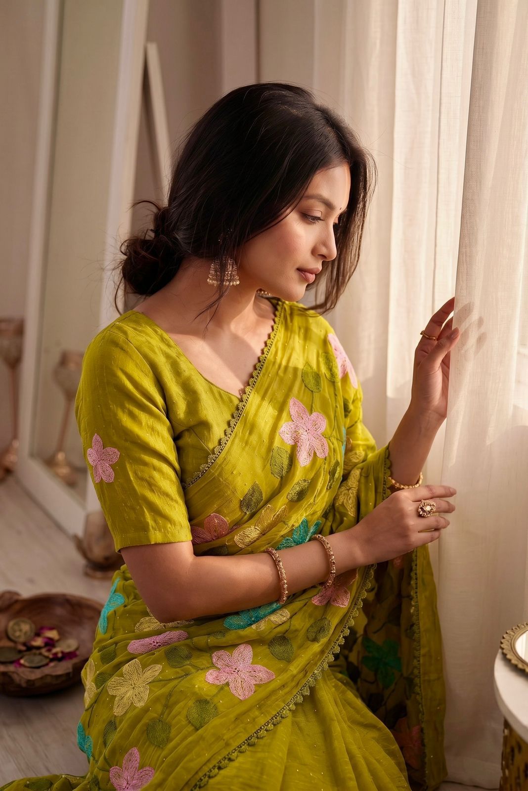 Florious Mustard Yellow Viscose Crunchy Silk Floral Embroidered Designer Party Wear Saree with Swarovski Work