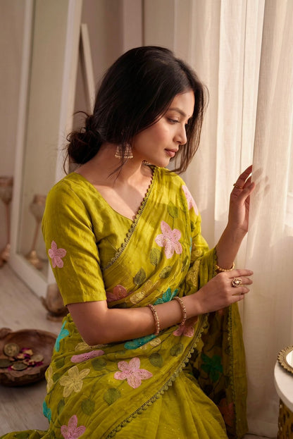 Florious Mustard Yellow Viscose Crunchy Silk Floral Embroidered Designer Party Wear Saree with Swarovski Work