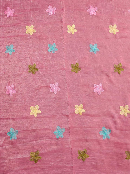 Florious Pink Viscose Crunchy Silk Floral Embroidered Designer Party Wear Saree with Swarovski Work
