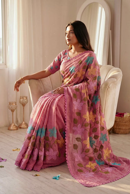 Florious Pink Viscose Crunchy Silk Floral Embroidered Designer Party Wear Saree with Swarovski Work