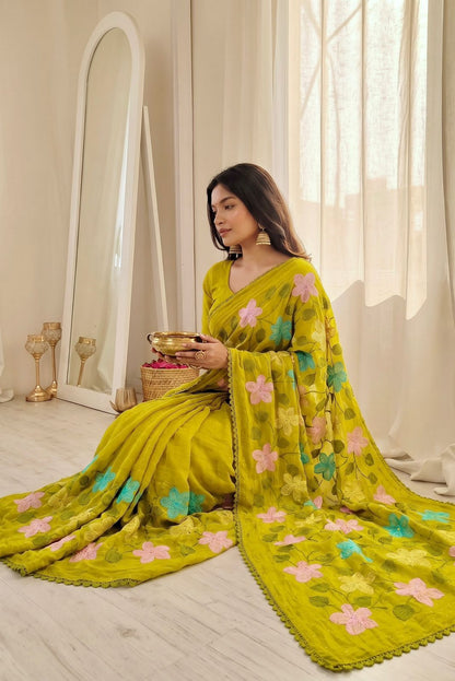 Florious Mustard Yellow Viscose Crunchy Silk Floral Embroidered Designer Party Wear Saree with Swarovski Work