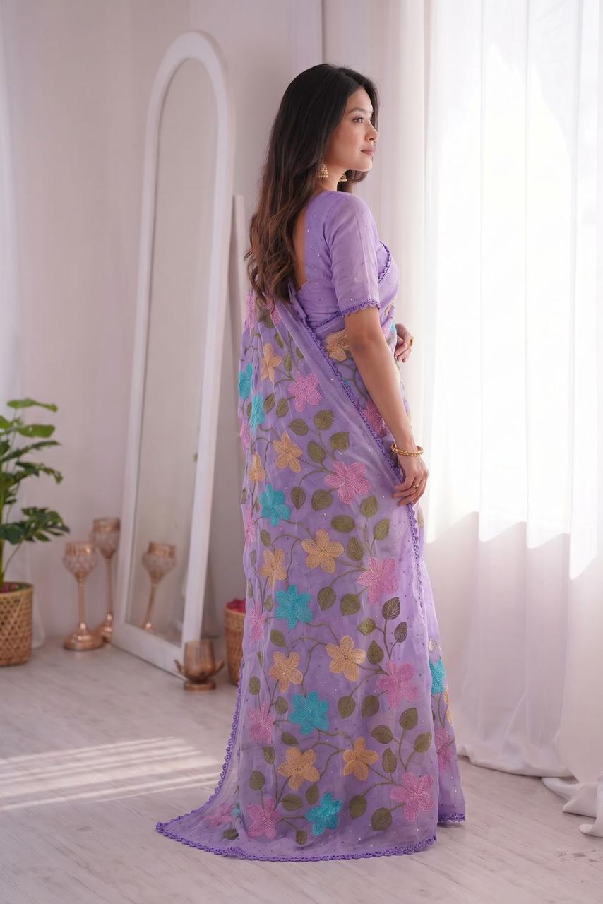 Lavender Florious Viscose Crunchy Silk Designer Saree with Floral Embroidery & Swarovski Diamond Work