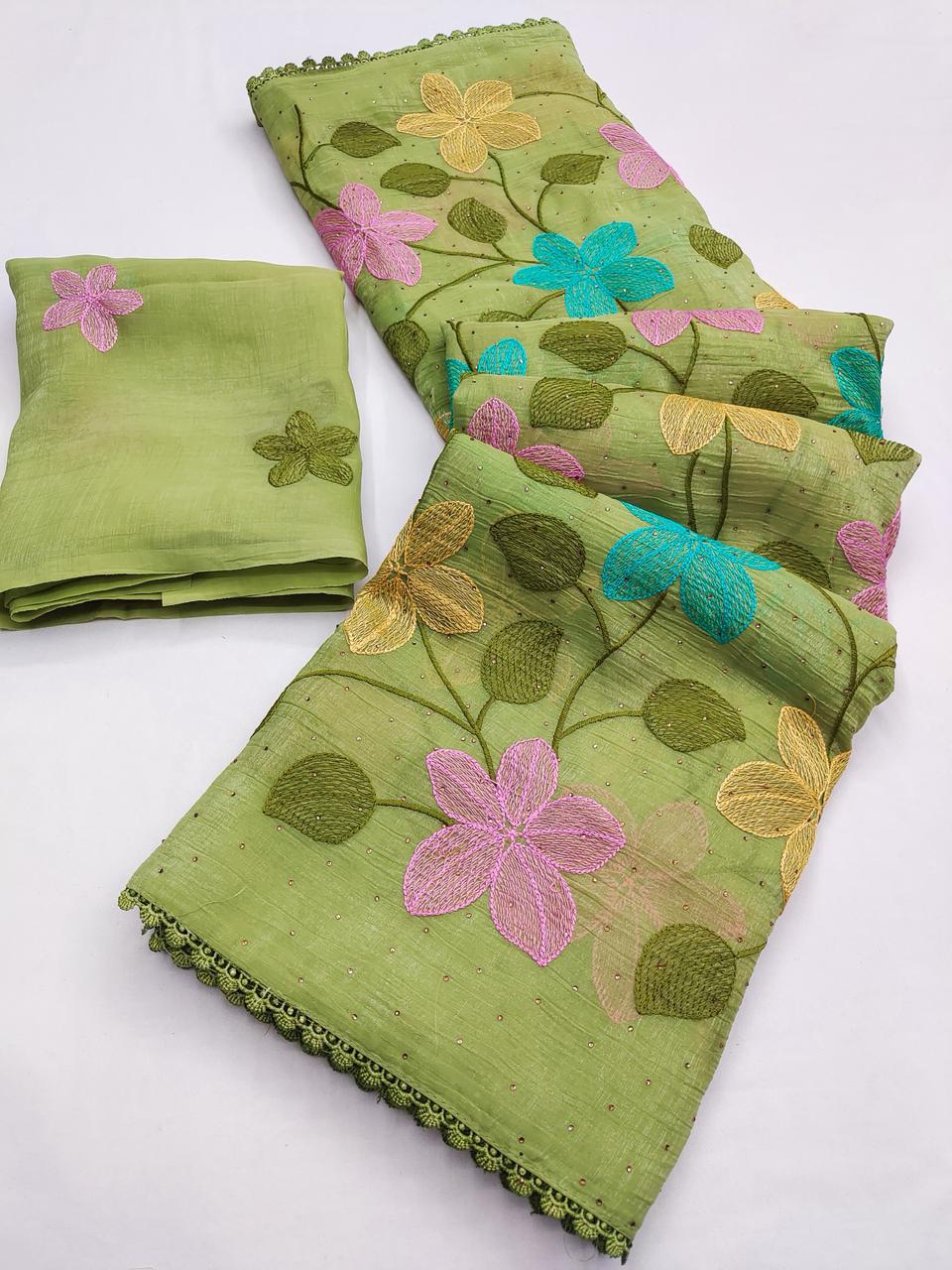 Florious Pistachio Green Viscose Crunchy Silk Floral Embroidered Designer Party Wear Saree with Swarovski Work