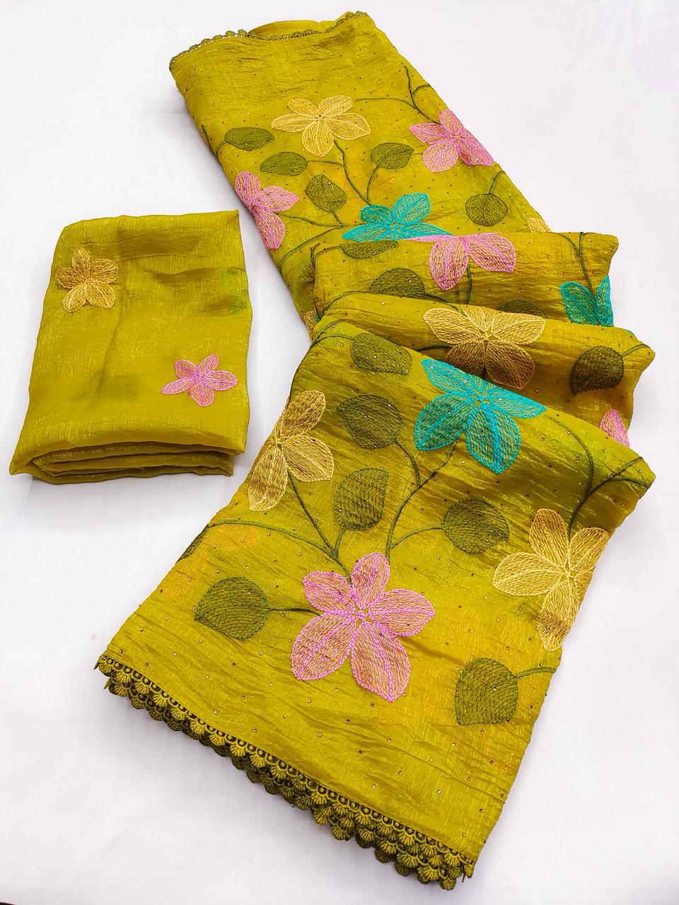 Florious Mustard Yellow Viscose Crunchy Silk Floral Embroidered Designer Party Wear Saree with Swarovski Work