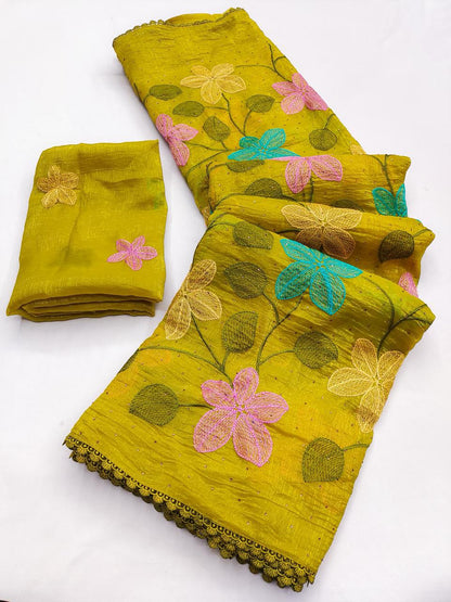 Florious Mustard Yellow Viscose Crunchy Silk Floral Embroidered Designer Party Wear Saree with Swarovski Work