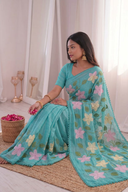 Florious Aqua Blue Viscose Crunchy Silk Floral Embroidered Designer Party Wear Saree with Swarovski Work