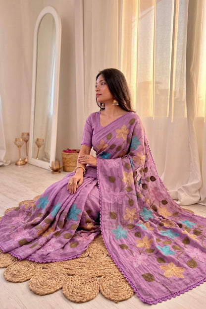 Florious Lavender Viscose Crunchy Silk Floral Embroidered Designer Party Wear Saree with Swarovski Work