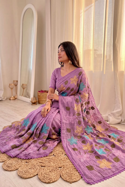 Florious Lavender Viscose Crunchy Silk Floral Embroidered Designer Party Wear Saree with Swarovski Work