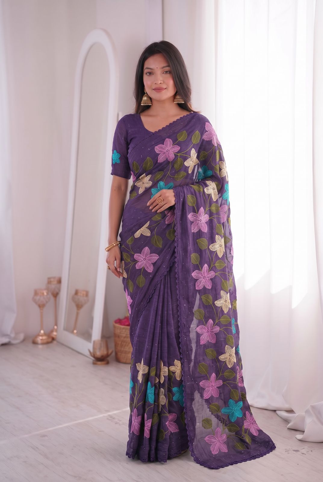 Florious Purple Viscose Crunchy Silk Floral Embroidered Party Wear Saree with Swarovski Diamond Work