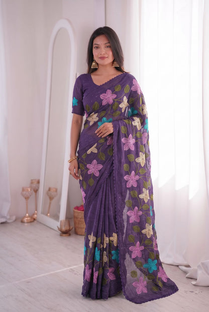 Florious Purple Viscose Crunchy Silk Floral Embroidered Party Wear Saree with Swarovski Diamond Work