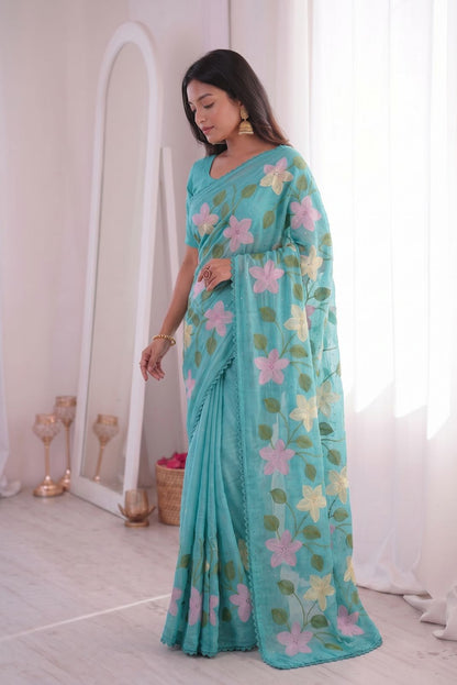 Florious Aqua Blue Viscose Crunchy Silk Floral Embroidered Designer Party Wear Saree with Swarovski Work