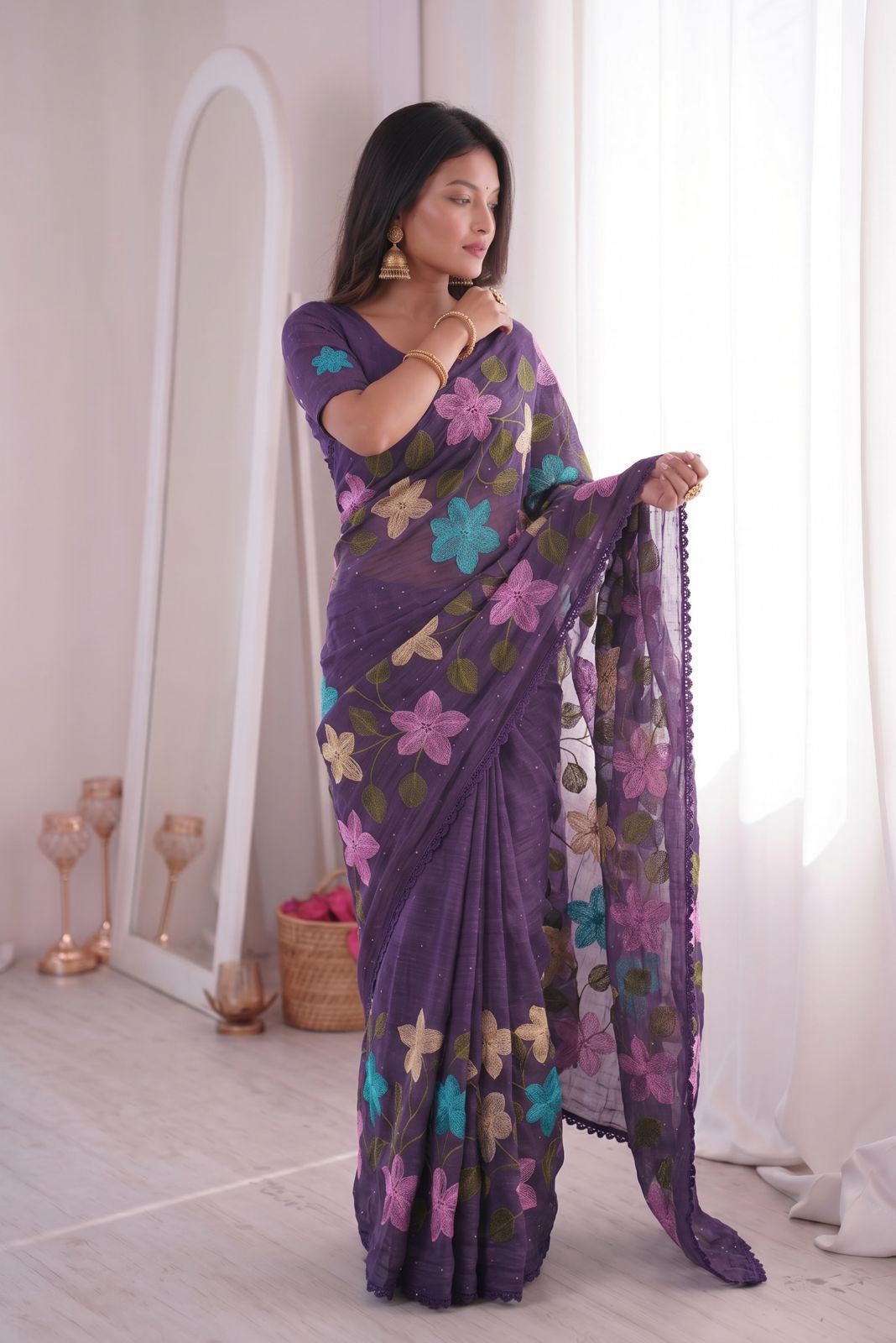Florious Purple Viscose Crunchy Silk Floral Embroidered Party Wear Saree with Swarovski Diamond Work