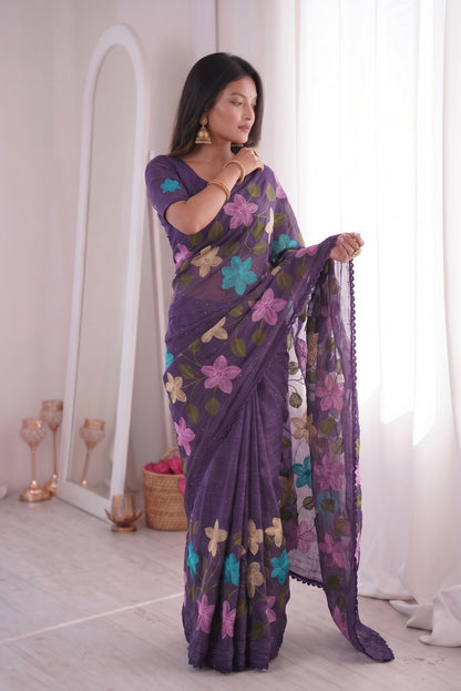 Florious Purple Viscose Crunchy Silk Floral Embroidered Party Wear Saree with Swarovski Diamond Work