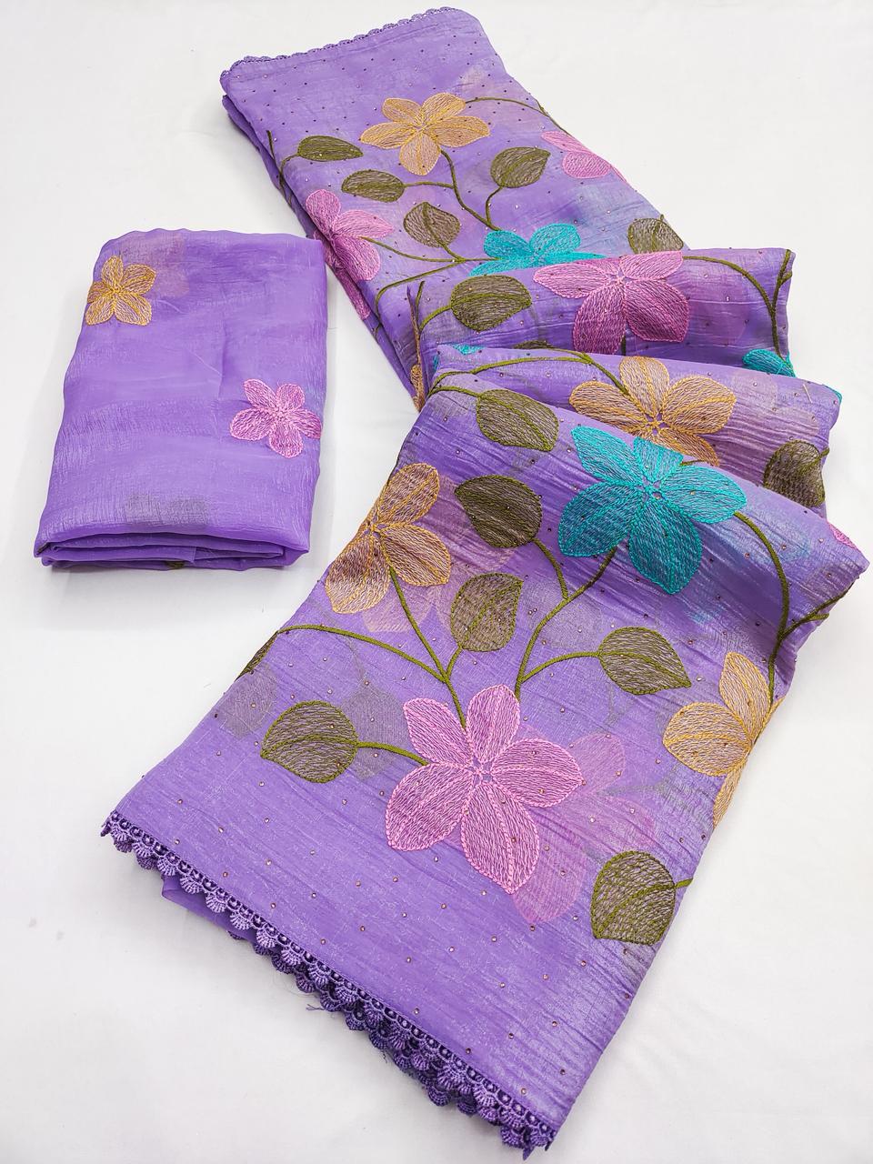 Lavender Florious Viscose Crunchy Silk Designer Saree with Floral Embroidery & Swarovski Diamond Work