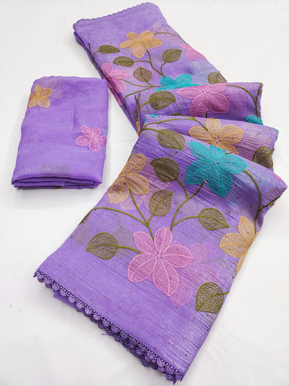 Lavender Florious Viscose Crunchy Silk Designer Saree with Floral Embroidery & Swarovski Diamond Work