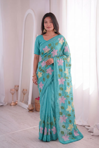 Florious Aqua Blue Viscose Crunchy Silk Floral Embroidered Designer Party Wear Saree with Swarovski Work